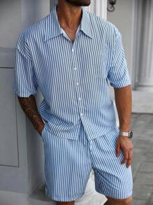 Manfinity Homme 2 件男士街头风格服装 - 短袖衬衫和短裤套装，带有标语和图形设计，经典格子面料，复古气息，适合街头服饰、休闲装、户外装、送礼、男女通用 - 彩色 - 查看 6