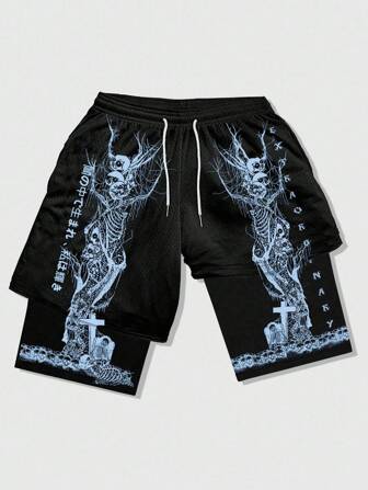 Goth Pantalones cortos deportivos de 2 en 1 con estampado gótico para hombres, aptos para uso diario, primavera/verano, Halloween