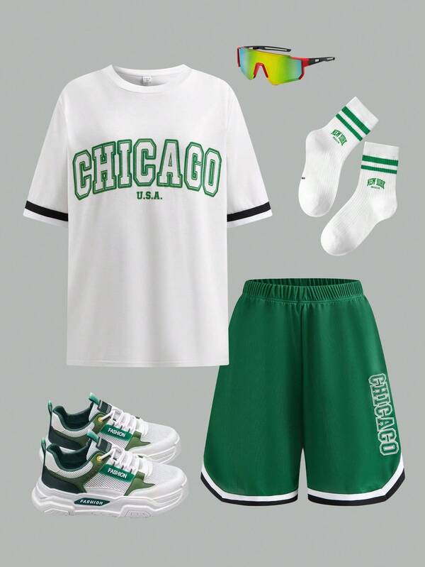 SHEIN 2pcs/Set Teenage Boys' Casual Sports College Round Neck White T-Shirt And Sports Shorts Set With Ribbon Decoration And English Pattern Suitable For Kids Outfits Toddler Boy Clothes Back To School Boys Set Suitable For Birthday Parties, Evening Parties, Performances, Weddings, Baptisms, Opening Ceremonies Daily Suitable For Daily Use Suitable For School Suitable For Travel Suitable For Sports Suitable For Spring And Summer Seasons