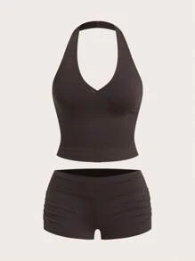 SHEIN PETITE 2 Pieces Women's Camisole And Shorts Pajama Set Burgundy - Brown - View 8