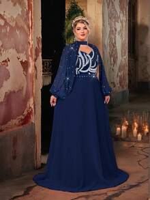 Glamrae 加大码夏季优雅浪漫甜心领可拆卸袖手工串珠奢华亮片拼接雪纺超长 A 字晚礼服 - 藏蓝色 - 查看 6