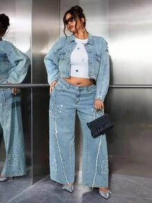 SHEIN EZwear Áo khoác denim dáng rộng tay dài, dáng rộng, một hàng khuy, dáng suông, dáng rộng, phong cách mùa hè mới cho nữ - Màu xanh lam - Xem 1