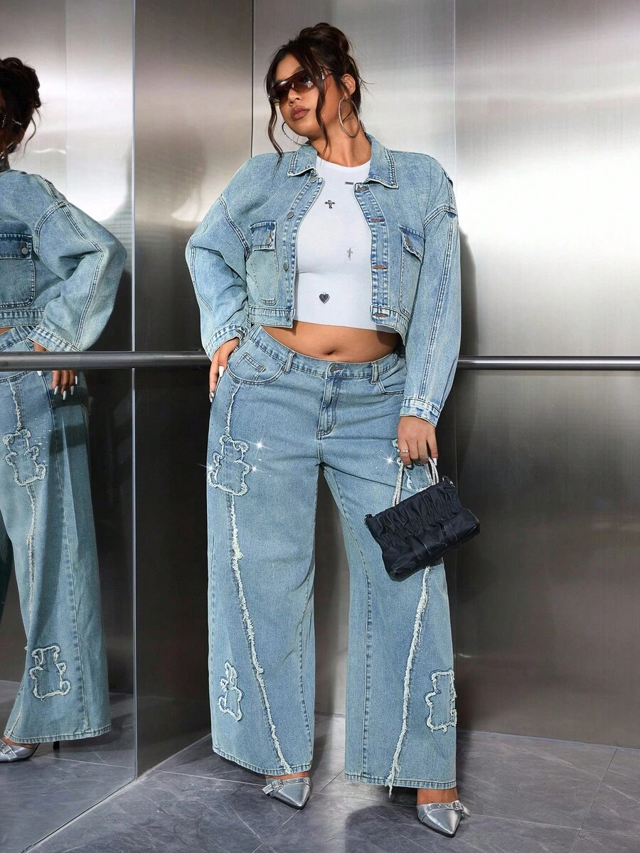 SHEIN EZwear Áo khoác denim dáng rộng tay dài, dáng rộng, một hàng khuy, dáng suông, dáng rộng, phong cách mùa hè mới cho nữ - Màu xanh lam - Xem 1