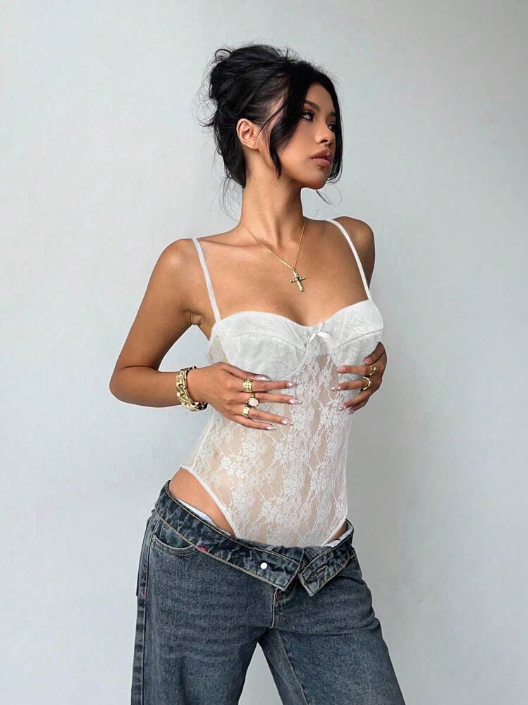 Aloruh Women's Solid Color Spaghetti Strap Lace Sexy Sheer Bodysuit - White - View 4
