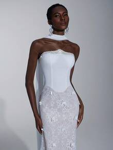 SHEIN Belle Elegant Luxurious Lace Splice Elastic Knit Mermaid Skirt With Trailing Halter Neck, Suitable For Weddings, Parties, Vacations, Balls, Honeymoons, Bridal Gowns - Beige - View 6