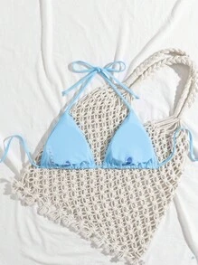 SHEIN Swim 吊脖三角杯比基尼上衣 - 淺藍色 - 查看 2