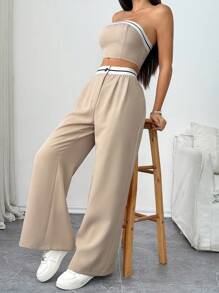 Chiquease Women's Colorblock Bandeau Top And Wide Leg Pants Set - Apricot - View 4