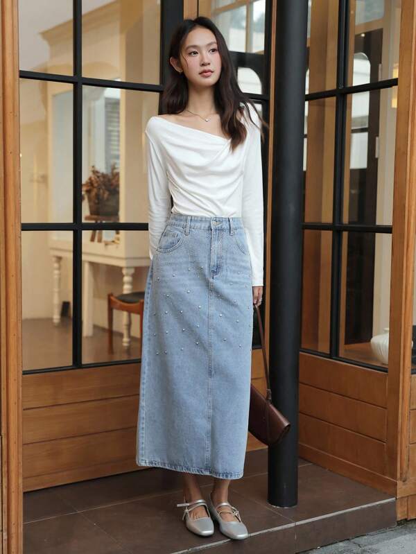 K-Vae Lässiger heller Vintage-Denim Rock in Blau mit Rauten für den Herbst für Damen, Herbstkleidung im koreanischen Stil, Lehreroutfits für Damen, Schulkleidung, Old Money Style