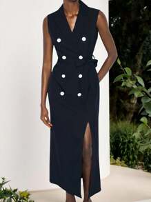 Maija 女士纯色翻领双排扣腰带前襟无袖长款连衣裙背心式礼服纽扣连衣裙燕尾服式礼服女士船长晚宴礼服 - 藏蓝色 - 查看 4