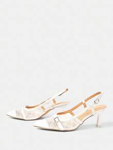 CUCCOO HITCHD 女士粉色蕾丝尖头露背珍珠蝴蝶结网眼高跟鞋 - 白色 - 查看 10