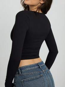 女式 V 领纯色修身长袖休闲 T 恤，夏季 - 黑色 - 查看 2