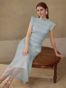 MOTF PREMIUM VESTIDO ROMÁNTICO PARA VACACIONES CON TELA FRUNCIDA Y CONTRASTE DE MALLA - Azul - Ver 3