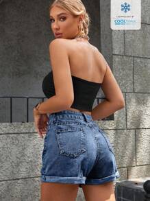 SHEIN Essnce Quần short denim túi chéo thời trang mùa hè hàng ngày Coolmax dành cho nữ - Màu xanh lam - Xem 2