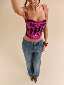 SHEIN BAE Top corset elegante con estampado floral de encaje para mujer, verano - Morado - Ver 7