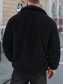 Manfinity CasualCool Manfinity Flap Detail Button Front Flannel Fleece Jacket, Men Front Button Long Sleeve Pocket Simple Jacket, Casual Daily Wear, Autumn And Winter, Boyfriend Gift, For Going Out, Teddy Lined Coat, Streetwear, Street Style American Retro Jacket, Grunge - Black - View 2