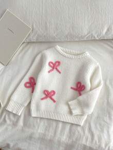 SHEIN Vintaside Kids 时尚百搭可爱蝴蝶结针织套头毛衣，适合年轻女孩，带蝴蝶结的毛衣，针织毛衣，年轻女孩毛衣，粉色蝴蝶结毛衣，女孩白色毛衣，女孩冬季服装，蝴蝶结毛衣，套头衫，蝴蝶结上衣，针织套装，女孩服装，秋冬服装 - 白色 - 查看 8