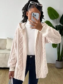 Sparklyn 青少年女孩休闲百搭百搭家居服和学校日常粗针织条纹毛绒领前开中长款秋冬夹克秋季 - 杏色 - 查看 3