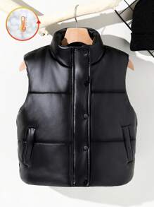 Chaleco de piel sintética negra minimalista y grueso para niñas, adecuado para el hogar, el exterior y la escuela, otoño/invierno