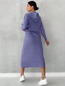 SHEIN Cottnline Ladies' Solid Color Drawstring Hooded Sweater And Knitted Skirt Two Piece Set - Lilac Purple - View 2