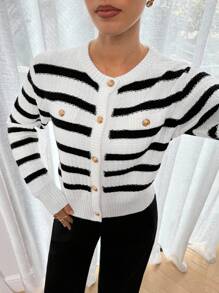 Lavishia Women's Striped Crew Neck Long Sleeve Single-Breasted Knitted Cardigan Fall Clothes For Women - Beige - View 5