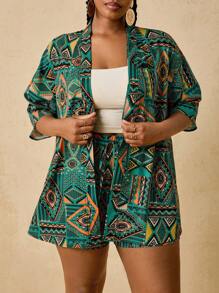 Travachic Plus Size Casual Loose Colorful Print Geometric Pattern Kimono Shirt + Loose Shorts Women 2 Pieces Set,Fall Clothes For Women - Green - View 6