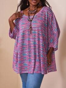 SHEIN CURVE+ 大码休闲度假彩色花卉开衩下摆3/4袖宽松T恤女秋装，冬季，CURVE PLUS/秋冬 - 彩色 - 查看 4