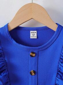 SHEIN 新款幼兒女童花卉印花長袖荷葉邊a字裙,收腰帶式設計 - 藍色 - 查看 5