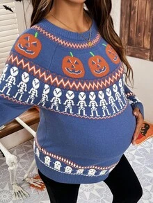 SHEIN Umstandspullover mit Kürbismuster für den Herbst, Rundhalsausschnitt, Raglanärmel, Lässig - Verschiedenfarbig - Übersicht 6