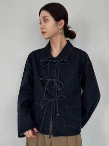 FRIFUL 女式纯色落肩长袖前系带宽松牛仔衬衫 - 黑色 - 查看 7