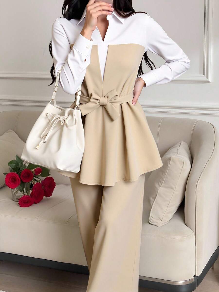 GlowEve 2pcs Commuter Elegant Striped Long Sleeve T-Shirt And Pants With Pockets And Belt Set For Women