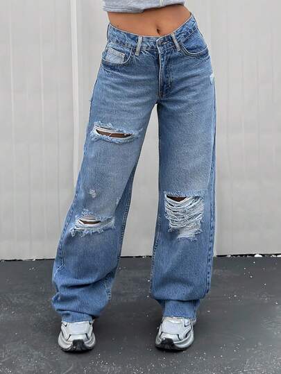 EURMUSE Calça jeans casual lavada, cintura baixa, desgastada, perna reta