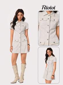 SHEIN EZwear Women's Solid Color Simple Short Sleeve Denim Dress - Apricot - View 1