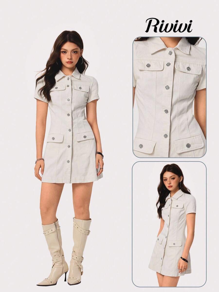 SHEIN EZwear Women's Solid Color Simple Short Sleeve Denim Dress - Apricot - View 1
