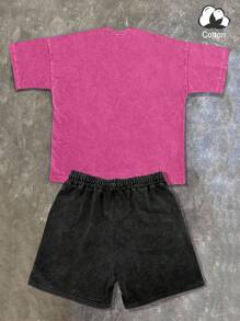 PAVTROS Bộ 2 món đồ cotton in chữ và mặt cho nam, áo thun cổ tròn tay ngắn họa tiết và quần short thường ngày có dây rút - Nhiều màu - Xem 2