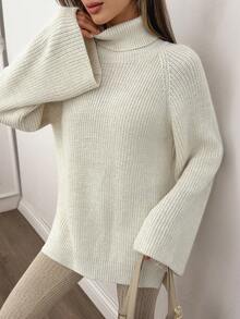 SHEIN Tall Áo len cổ lọ dáng rộng, dáng dài thoải mái, dáng rộng, dáng thu đông, chất liệu trơn, thoải mái, dáng rộng cho nữ - Màu be - Xem 6