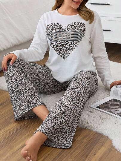 EURMUSE Women Cotton Leopard Heart Pattern Long Sleeve Shirt&Pants Homewear Pajama Set