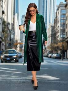SHEIN Clasi Áo khoác nhung hở cổ, phía trước thích hợp cho việc đi lại hàng ngày - Màu xanh lá cây đậm - Xem 1