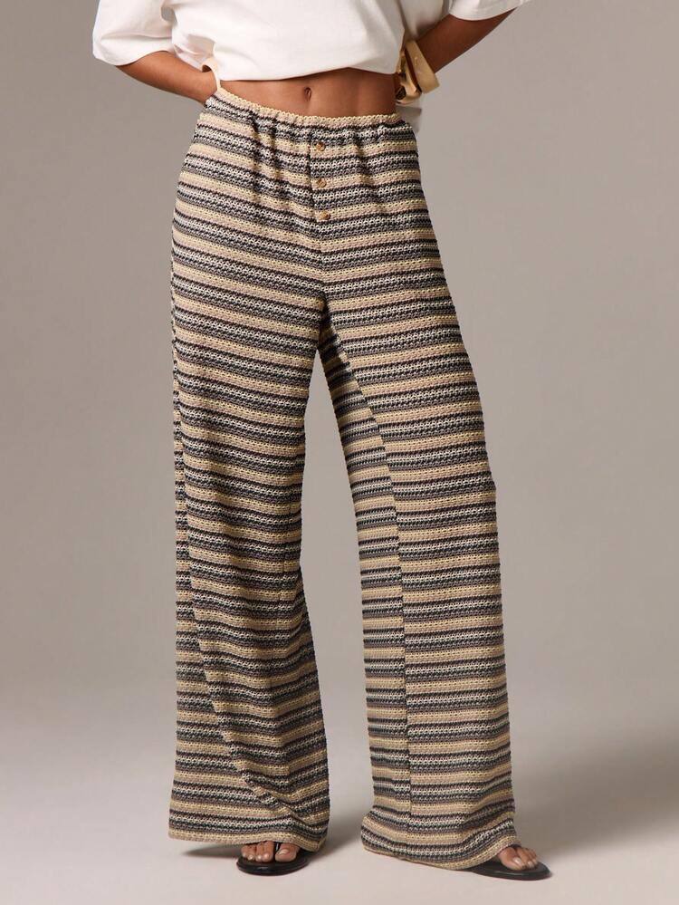 Striped Knitted Wide Leg Palazzo Pants With Textured Pattern