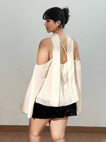 Viva Relle 大码优雅纯色喇叭袖露肩吊带背心 - 杏色 - 查看 2