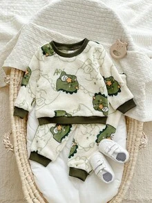 SHEIN 2 件套婴儿男童/女童休闲舒适卡通恐龙印花长袖睡衣套装，秋冬