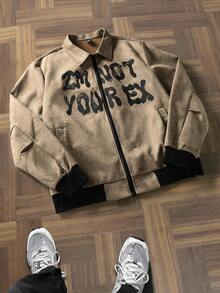 Manfinity Homme 字母印花男士成熟休闲夹克和外套男士图案夹克字母男士夹克男士摩卡飞行员夹克男士绒面革夹克男士拉链夹克，秋季 - 卡其色 - 查看 1