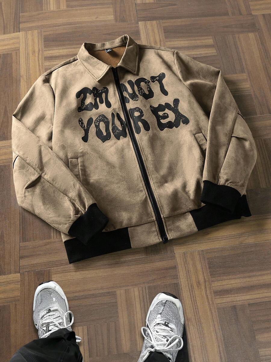 Manfinity Homme 字母印花男士成熟休闲夹克和外套男士图案夹克字母男士夹克男士摩卡飞行员夹克男士绒面革夹克男士拉链夹克，秋季 - 卡其色 - 查看 1