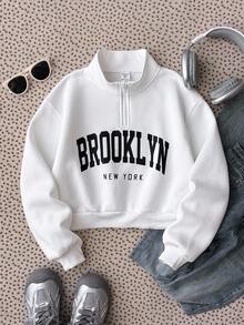 青少年女孩休闲布鲁克林印花宽松立领运动衫，适合返校季、秋冬季 - 白色 - 查看 1