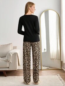 EURMUSE 女士棉质豹纹印花长袖衬衫和豹纹长裤家居服休闲套装 - 黑色 - 查看 2