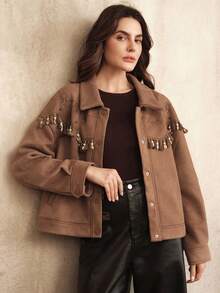 Anewsta Áo khoác dài tay thiết kế thêu ren vỏ sò cổ điển lãng mạn thanh lịch dành cho nữ, thích hợp cho mùa thu, đông, đi chơi, trang trọng, tiệc tùng, sang trọng, năm mới - màu nâu - Xem 6