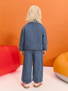 SHEIN Young Girl Casual Fashion Long Sleeve Single-Breasted Jacket And Jeans Pants Set Fall Winter - Blue - View 2