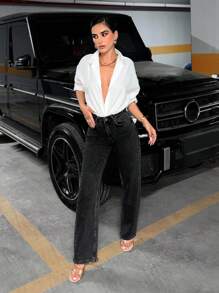 EURMUSE Women's Casual Commuter Washed Straight Leg Jeans - Black - View 3