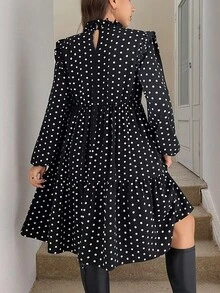 SHEIN LUNE Váy tay đèn lồng họa tiết chấm bi thường ngày và đi làm cỡ lớn - Đen và trắng - Xem 4