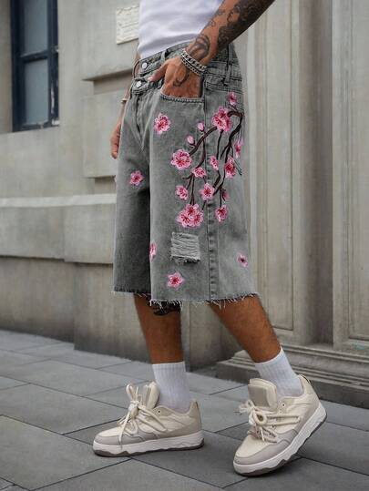 Street Life Men's Double-Layer Waistband Floral Embroidered Denim Shorts