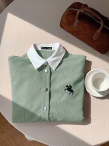 Comfortcana 轻盈长袖橄榄刺绣马匹图案夹克，完美打造休闲风格马匹刺绣衬衫，秋冬灯芯绒衬衫